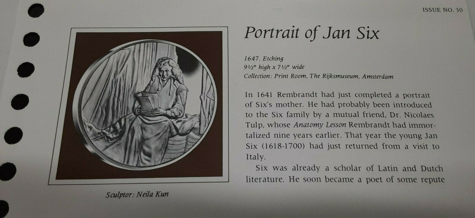 Franklin Mint Genius/Rembrandt PR .925 Silver Medal-Portrait of Jan Six in Card