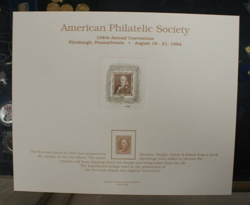 SO 133 Souvenir card APS 1994 Benjamin Franklin portrait from 1847 5¢ stamp