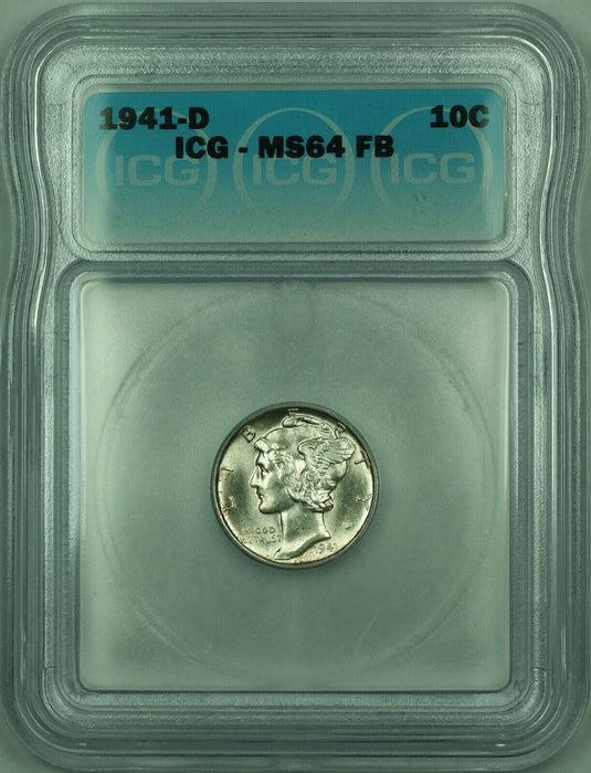 1941-D Mercury Silver Dime 10c Coin ICG MS-64 Full Bands FB Better (B)