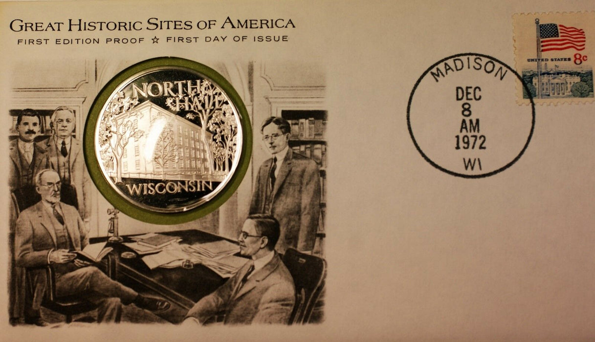 1972 North Hall WI Great Historic Sites Medal Proof Silver First Day Cover