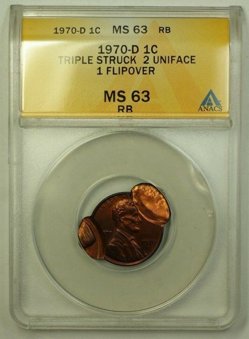1970-D Lincoln Penny Error Coin Trpl Struck 2 Uniface 1 Flipover ANACS MS-63 RB