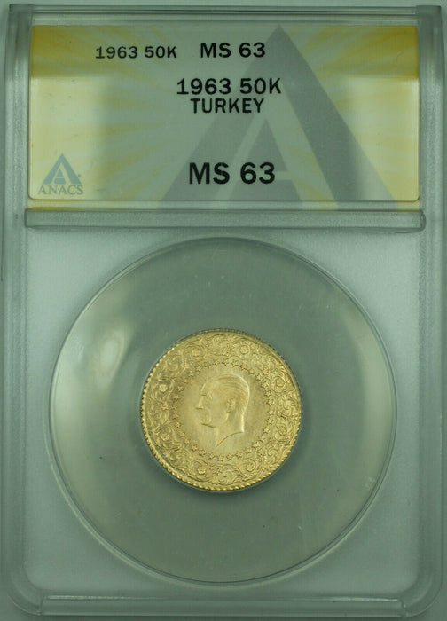 1963 Turkey 50 Kurush Gold Coin ANACS MS-63