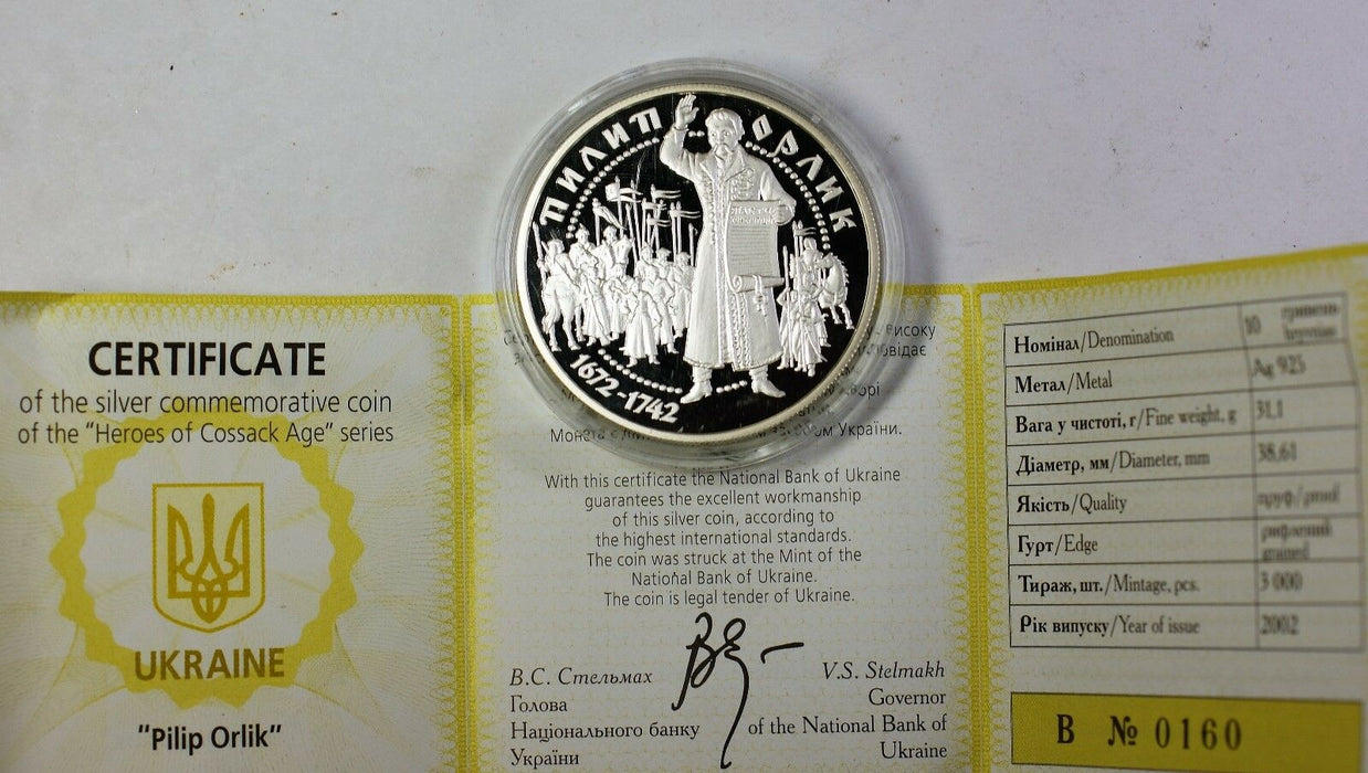 2002 Ukraine 10 Hryvnias Pilip Orlik Silver Proof Commemorative Coin