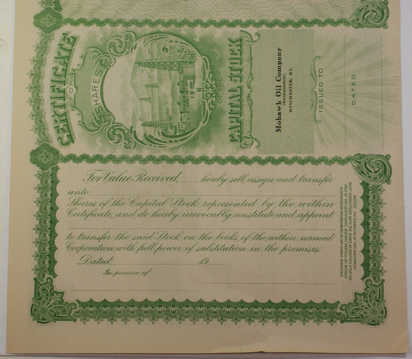 Mohawk Oil Company Winchester Kentucky Stock Certificate Serial Number 84