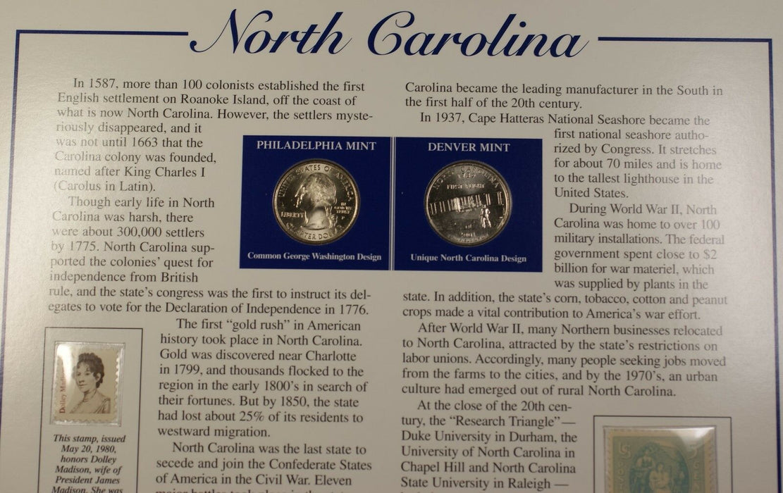 2001 North Carolina P&D Quarter for Anniversary of Statehood Bonus Stamp