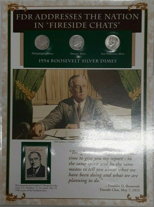 Life&Times of FDR 1954 - 3 Roosevelt Dimes W/Stamp & Info Card Fireside Chats