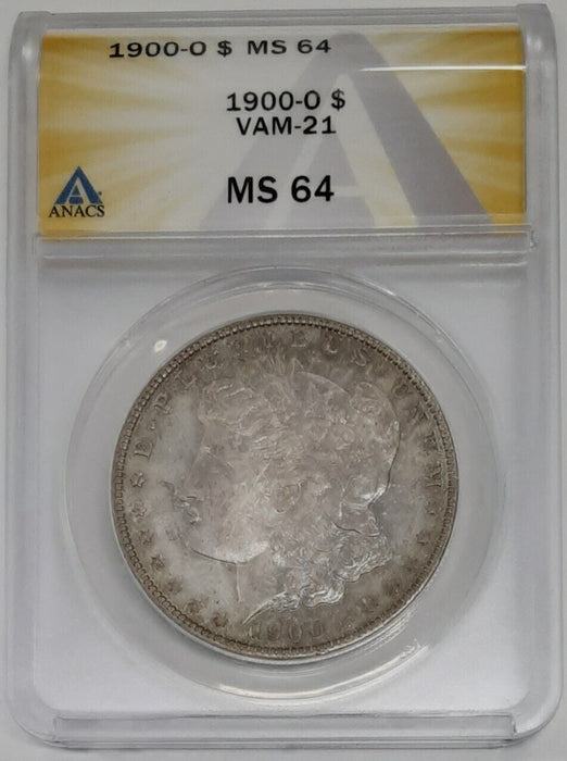 1900-O Silver Morgan Dollar Coin, ANACS MS-64  VAM-21 Near Date, Toned