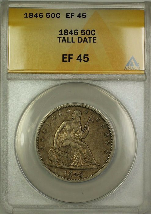 1846 Tall Date Seated Liberty Silver Half Dollar 50c Coin, Condition ANACS EF-45