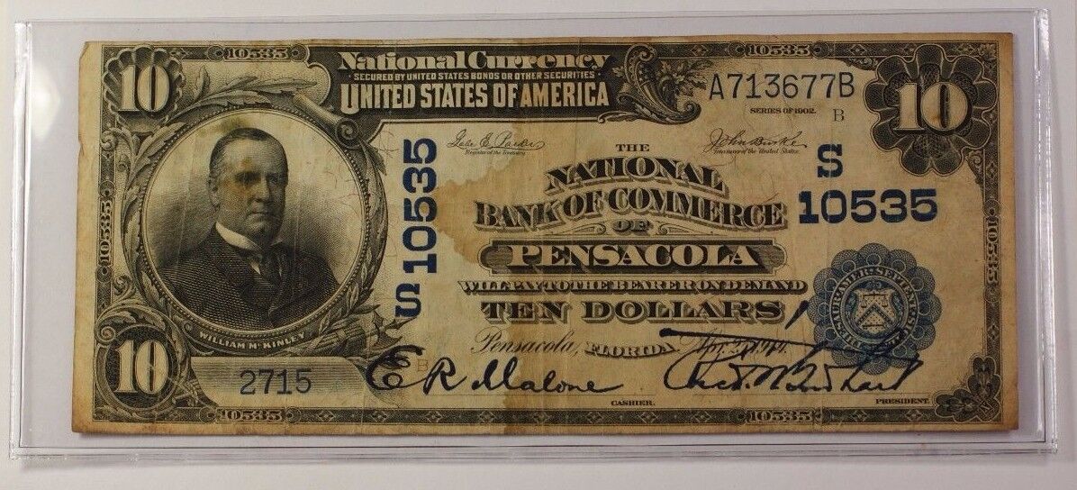 Series of 1902 $10 National Currency Banknote Pensacola Florida Charter # 10535