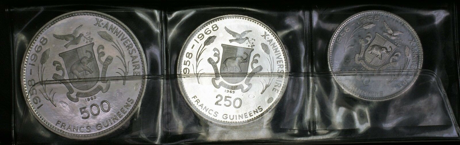 1969 Guniea 7 Coin Silver Proof Set 500 250 200 100 Francs Guineeas Cheetah Case