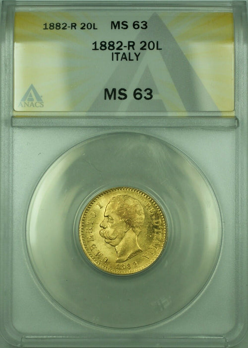 1882-R Italy 20 Lira Gold Coin ANACS MS-63 A