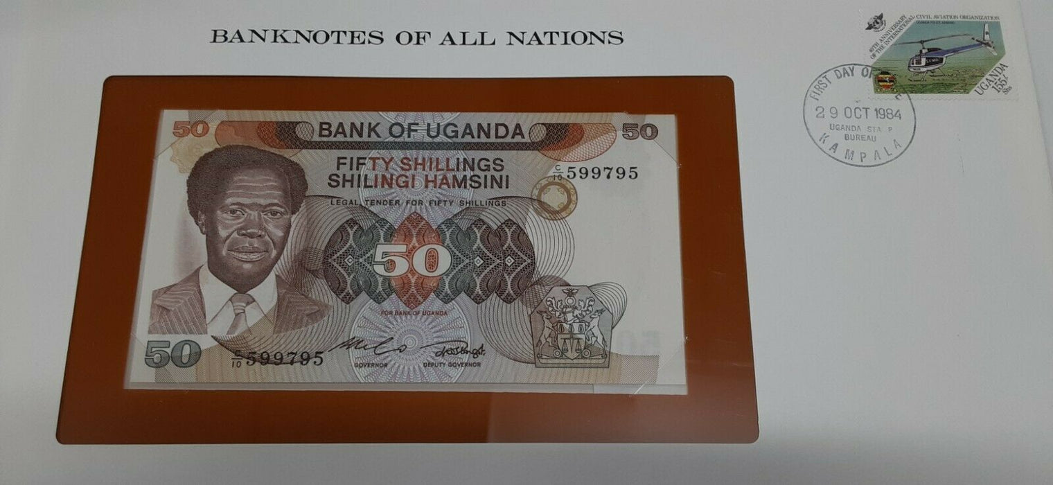 1984 Uganda 50 Shillings Banknote Crisp Uncirculated in Stamped Envelope
