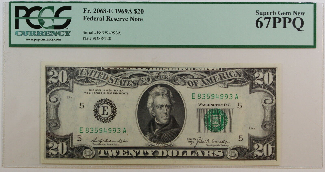 1969-A $20 FRN *E-A* Note, PCGS Gem 67 PPQ, Fr. 2068-E, Federal Reserve