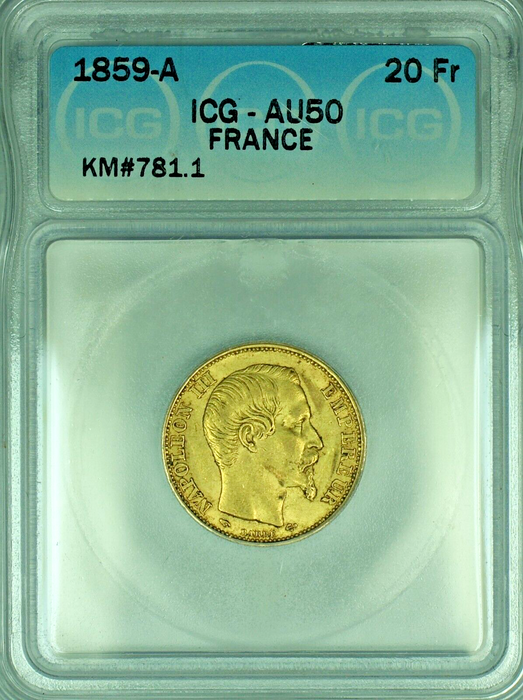 1859-A France 20 Francs Gold Coin ICG AU 50