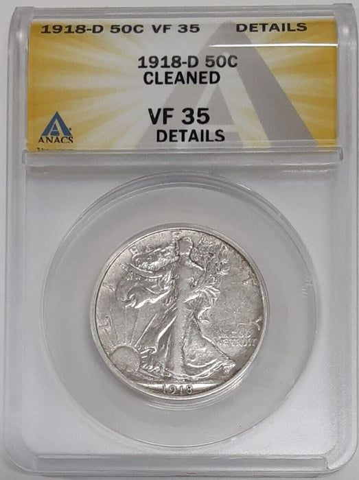 1918-D Walking Liberty Silver Half Dollar, ANACS VF-35 Details, Cleaned