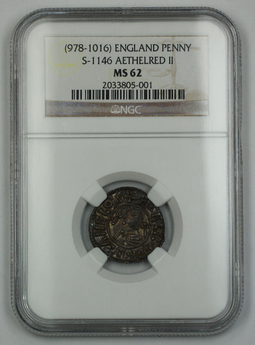 978-1016 England One Penny Silver Coin S-1146 Aethelred II NGC MS-62 AKR