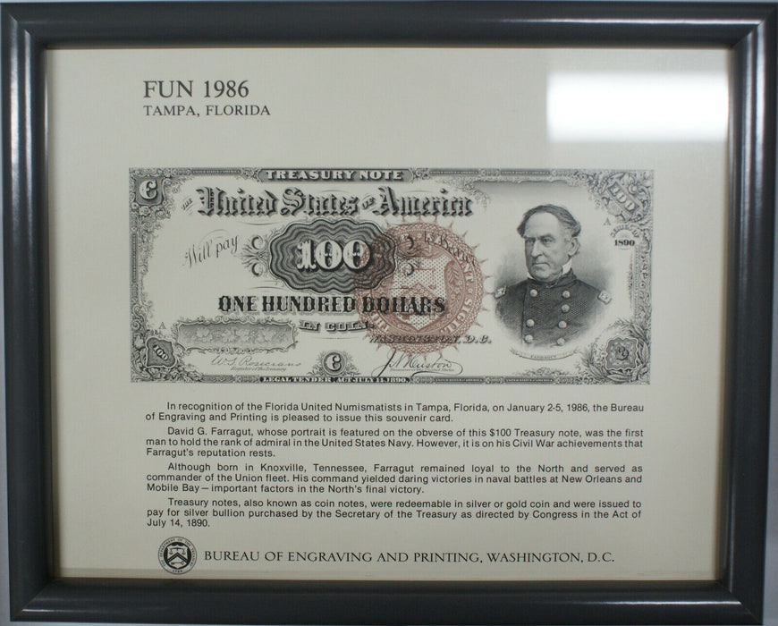 Framed FUN Souvenir Card 1986 BEP B 87 $100 Admiral Farragut Treasury Note