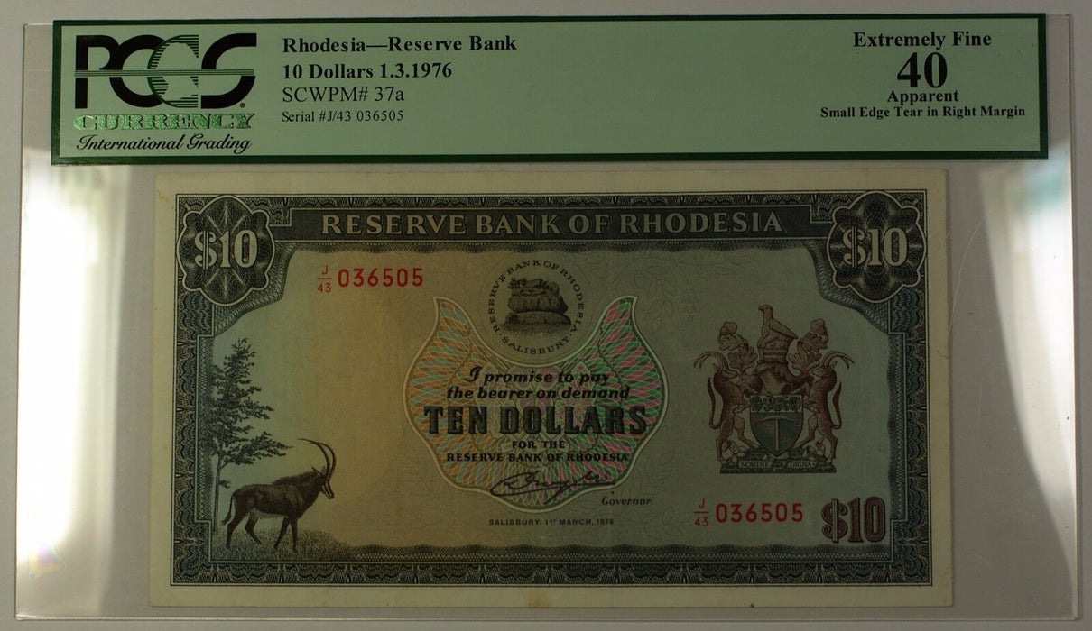 1.3.1976 Rhodesia $10 Reserve Bank Note SCWPM# 37a PCGS EF-40 Apparent (B)