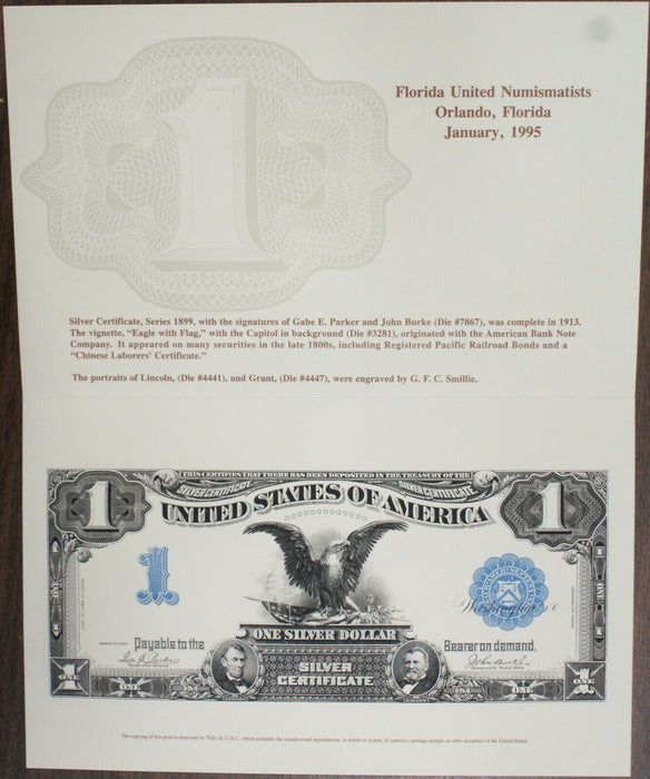 BEP 1995 B-192 FUN 1899 $1 "Black Eagle" Silver Certificate Face