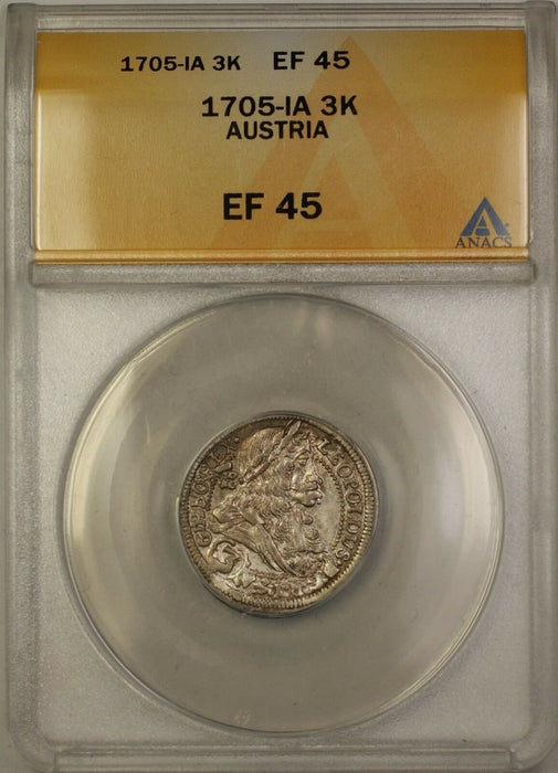 1705-IA Austria 3K Three Kreuzer Silver Coin ANACS EF 45