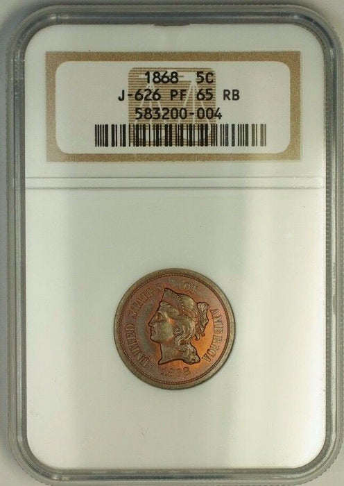 1868 Nickel Pattern Gem Proof 5c Coin NGC PF-65 RB Toned J-626 Judd WW