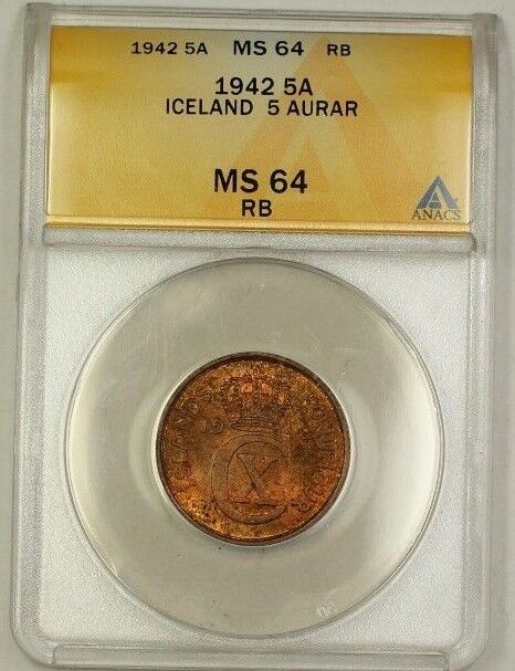 1942 Iceland 5A Five Aurar Copper Coin ANACS MS-64 Red-Brown (C)