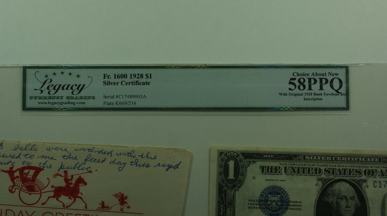 1928 One Dollar Silver Certificate $1 1928 Bank Envelope Fr. 1600 Legacy 58 PPQ
