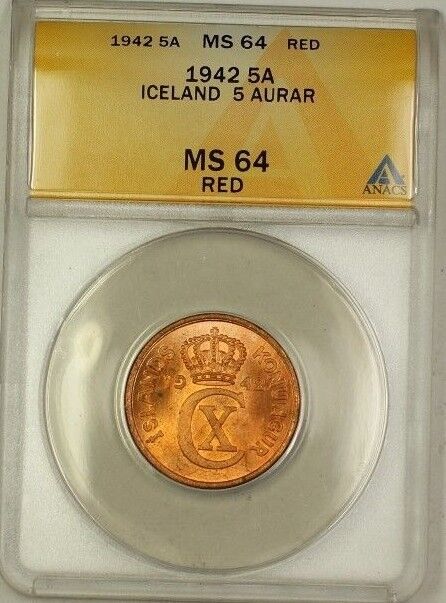 1942 Iceland 5A Five Aurar Copper Coin ANACS MS-64 Red (D)