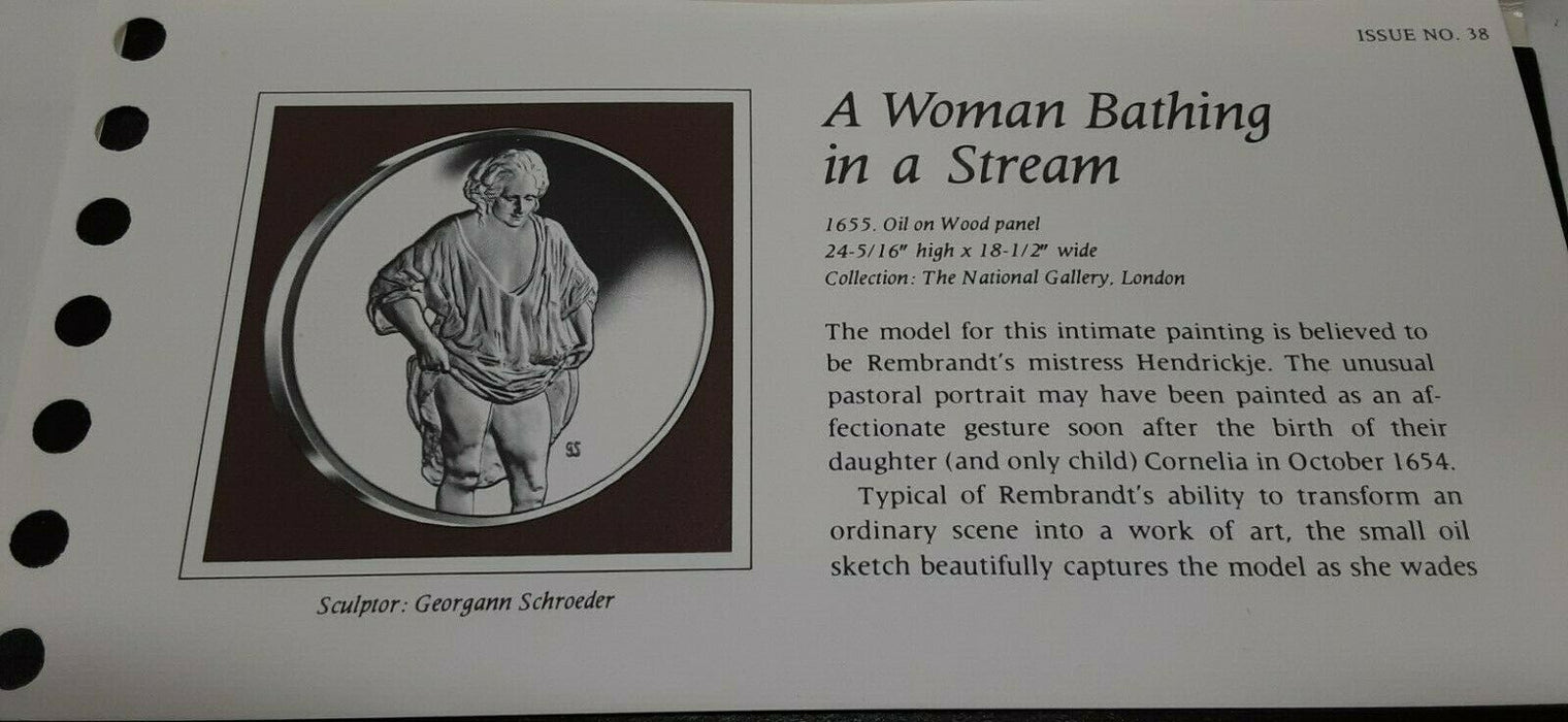 Franklin Mint Genius/Rembrandt PR .925 Silver Medal-Woman Bathing/Stream in Card