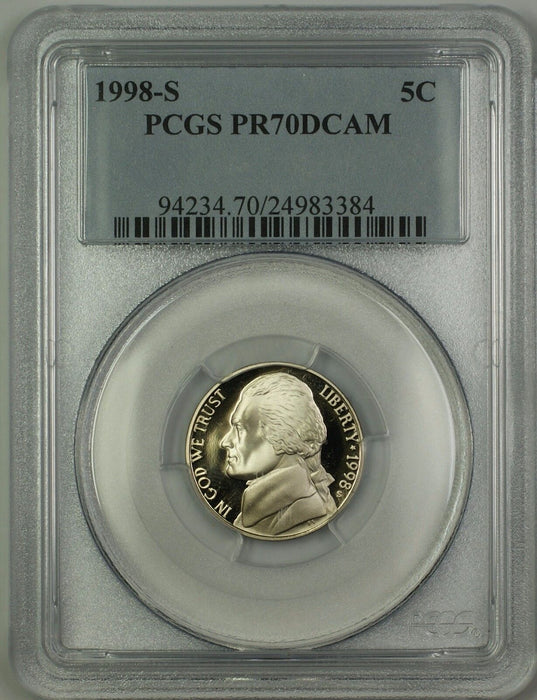 1998-S Proof Jefferson Nickel 5c Coin PCGS PR-70 Deep Cameo *PERFECT GEM*