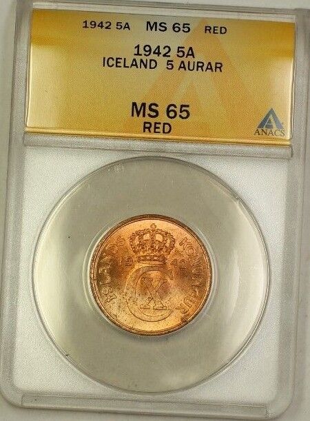1942 Iceland 5A Five Aurar Copper Coin ANACS MS-65 Red GEM BU (D)