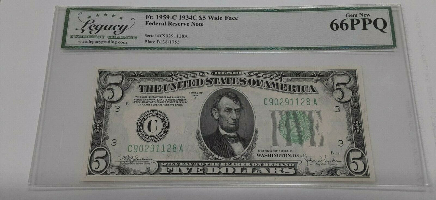 1934-C $5 FRN Wide Face Note, C-A Block Legacy Gem New-66 PPQ, Fr. 1959-C