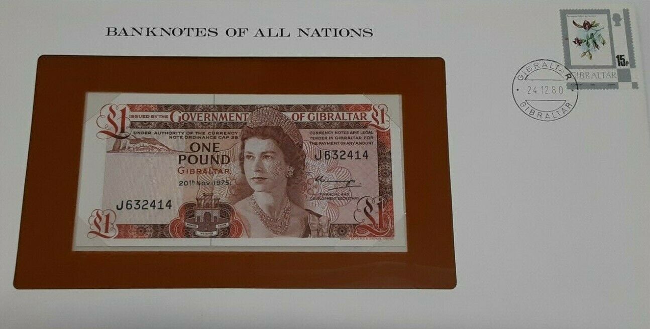 1975 Gibraltar One Pound Banknote Crisp Uncirculated in Stamped Envelope