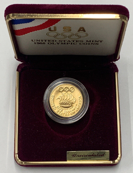 1988-W United State Olympic Commemorative $5 Gold UNC Coin, Box & COA