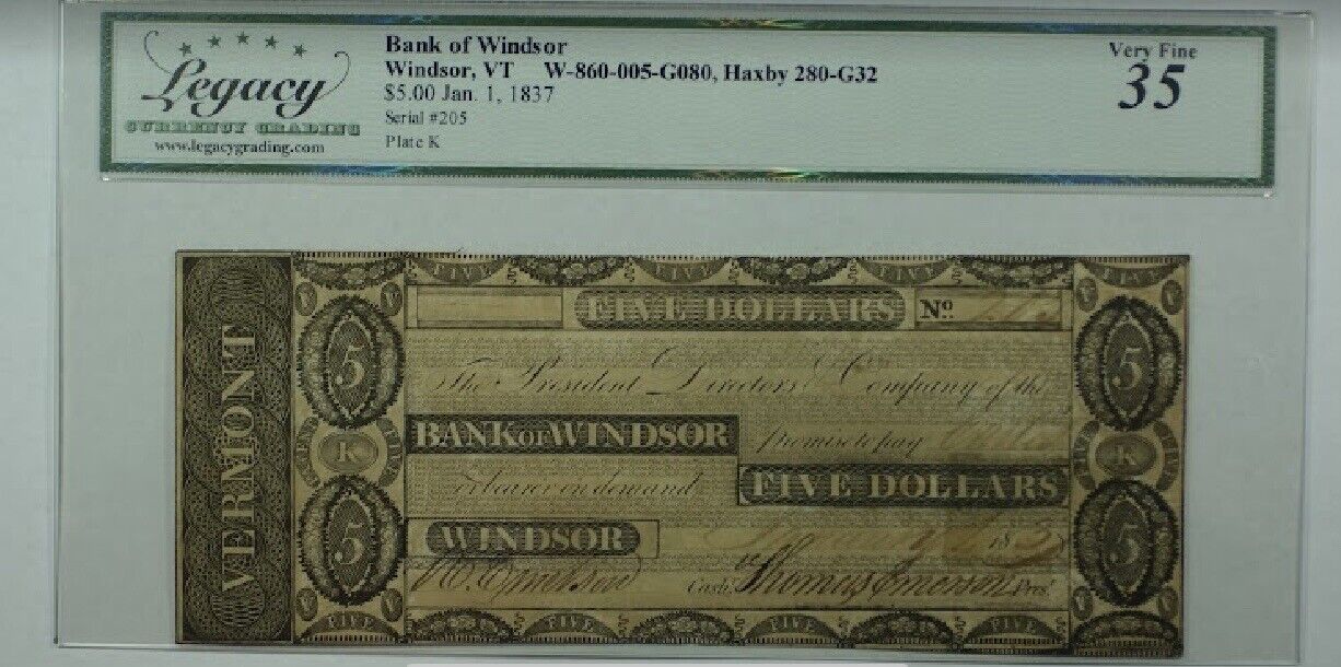 1837 $5 Bank Of Windsor, Vermont, Haxby 280-G32, Legacy VF 35