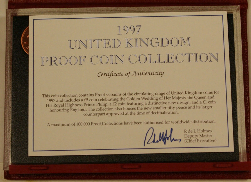 1997 United Kingdom DELUXE Proof Set, GEM Coins, 10 Coins Total, NO Box, W/ COA