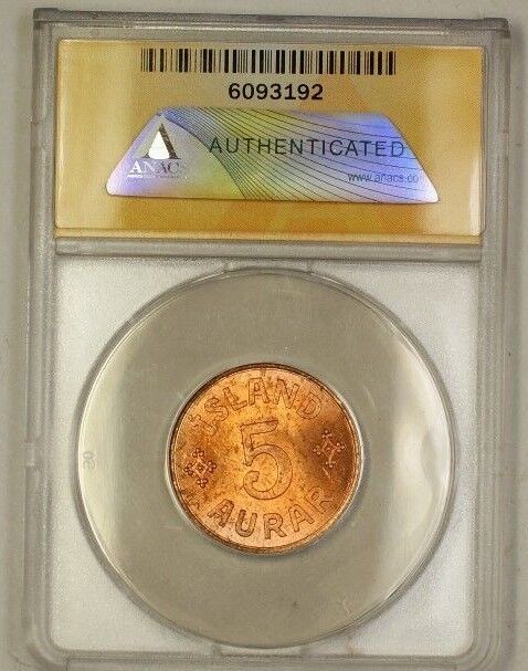 1942 Iceland 5A Five Aurar Copper Coin ANACS MS-63 Red (C)