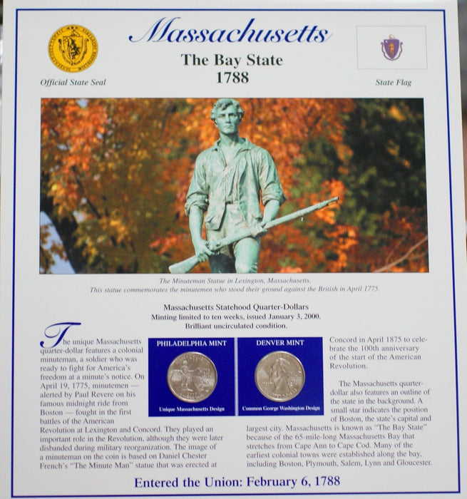Massachusetts 2000 P&D Quarter for Anniversery of Statehood Bonus Stamp