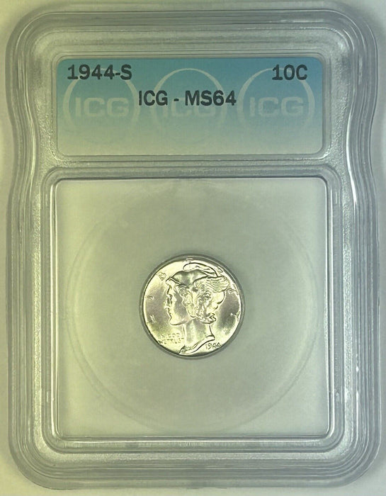 1944-S Mercury Silver Dime 10c Coin ICG MS 64 (Near FB) (54) G