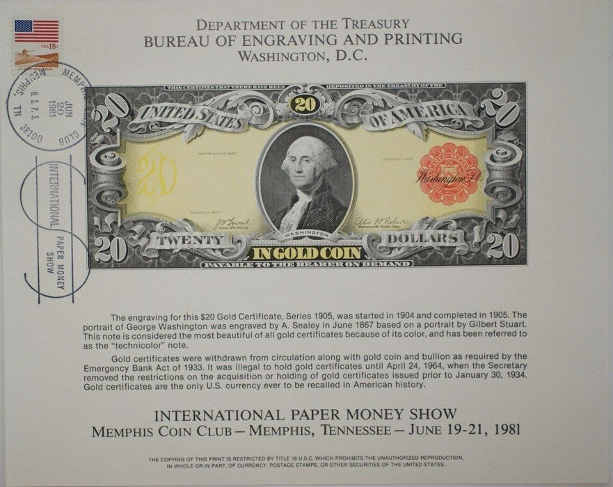 BEP souvenir card B 53 IPMS 1981 face 1905 $20 Gold Certificate Show Cancelled