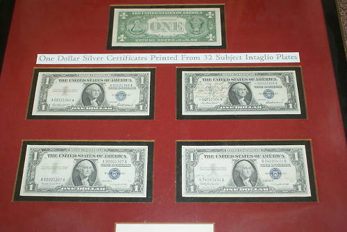 5 Silver Certificates $1 Notes, Framed w/ 2 Autographs
