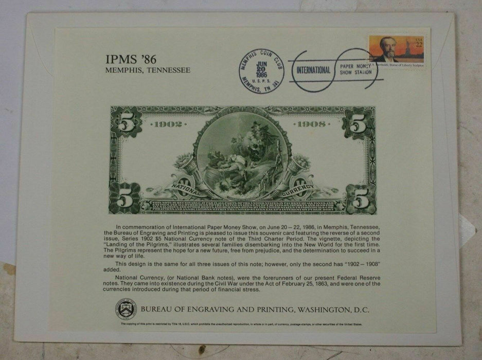 BEP souvenir card B 93 IPMS 1986 back 1902 $5 DB National Bank Note Pilgrims