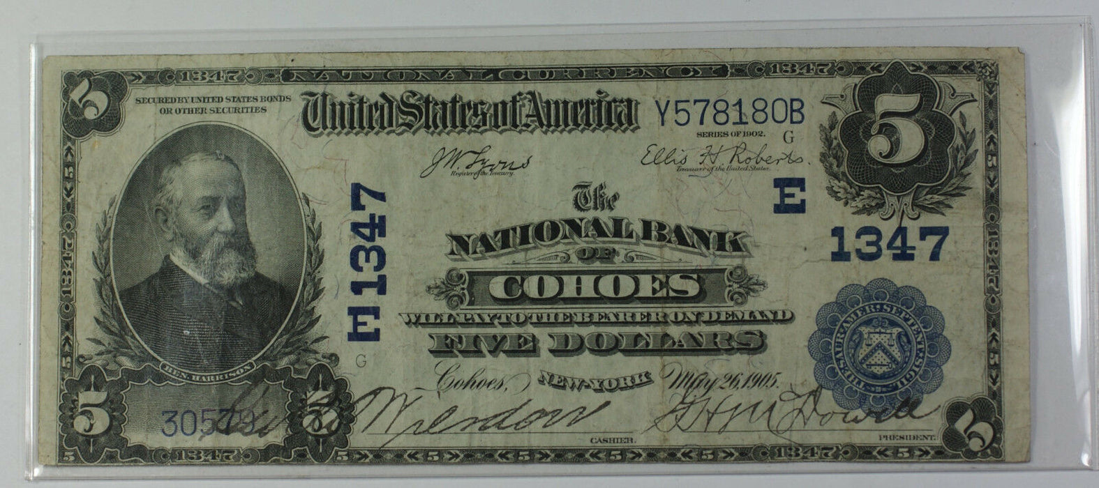 1902 Plain Back $5 National Currency Banknote Cohoes New York Charter # E 1347