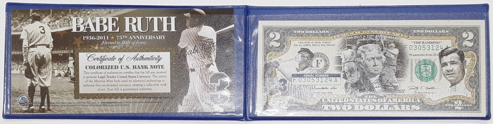 CU Colorized $2 FRN w/Babe Ruth 75th Ann Elected to Hall of Fame in Case