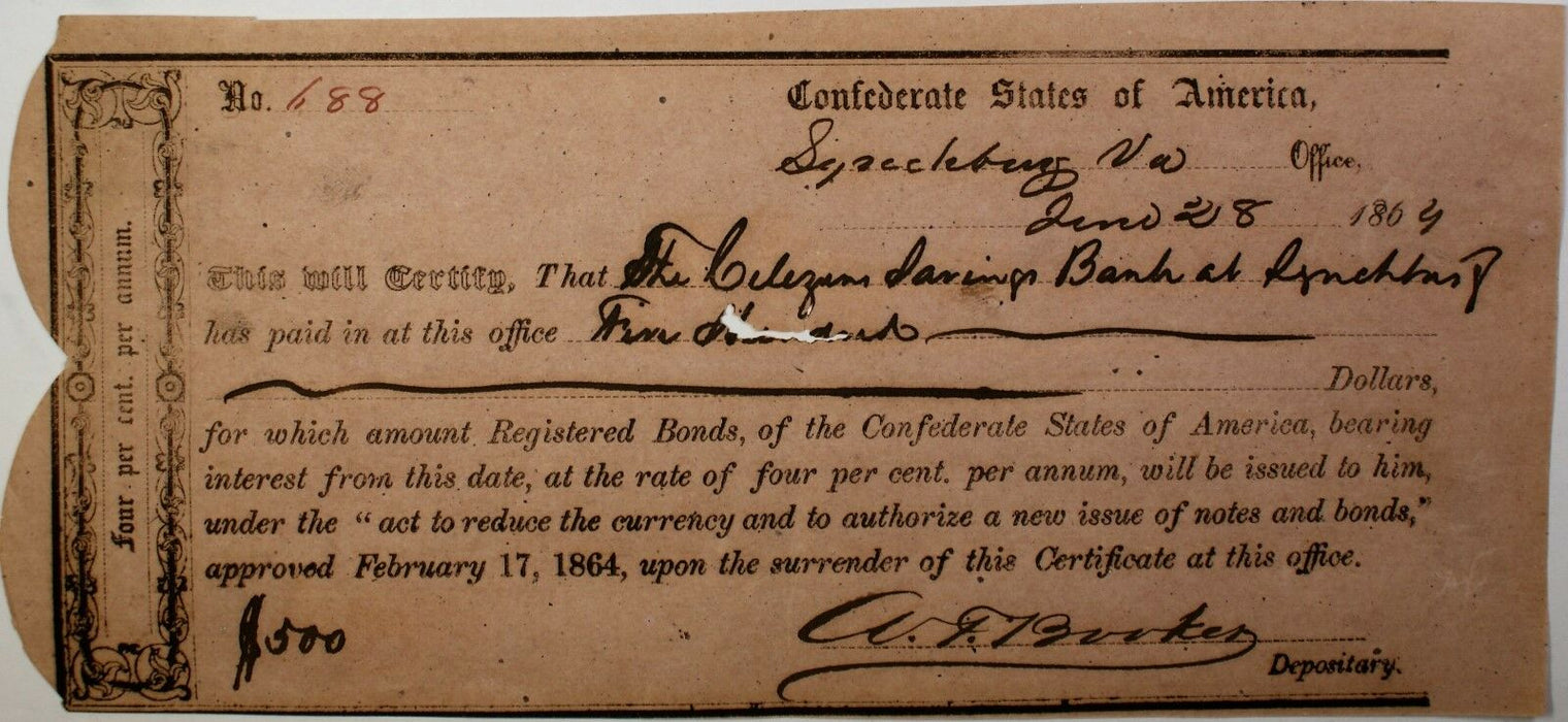 1864 Confederate States Bond June $500 Dollars Lynchburg Virginia Hand Signed