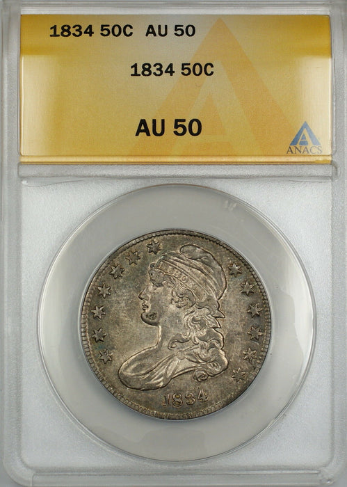 1834 Capped Bust Silver Half Dollar 50c Coin ANACS AU-50 PRX