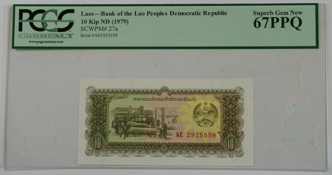 (1979) Laos 10 Kip Note SCWPM# 27a PCGS 67 PPQ Superb Gem New