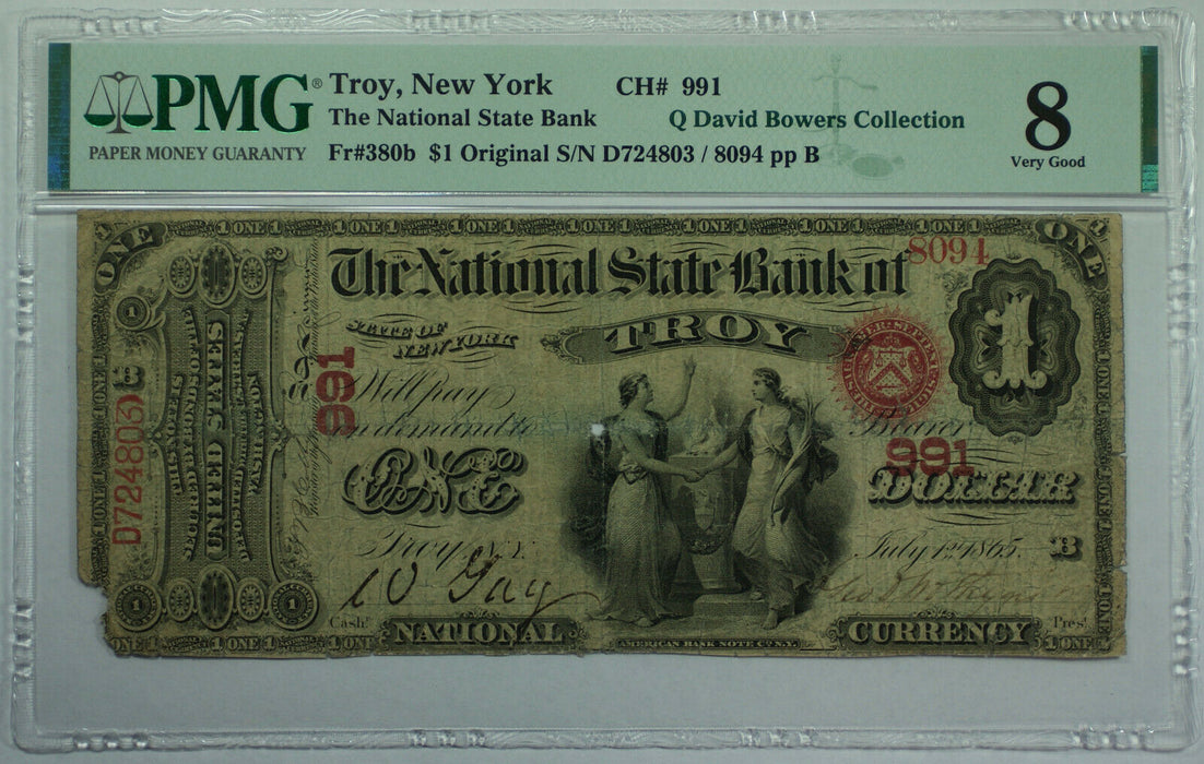 1865 $1 Troy New York NY National State Bank CH# 991 Fr. 380b PMG VG-8 Bowers