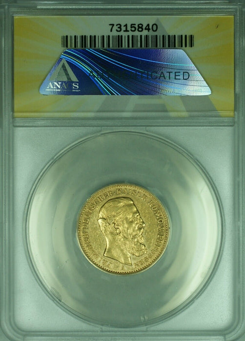 1888-A Germany-Prussia 20M Mark Gold Coin ANACS AU-55 Details Cleaned
