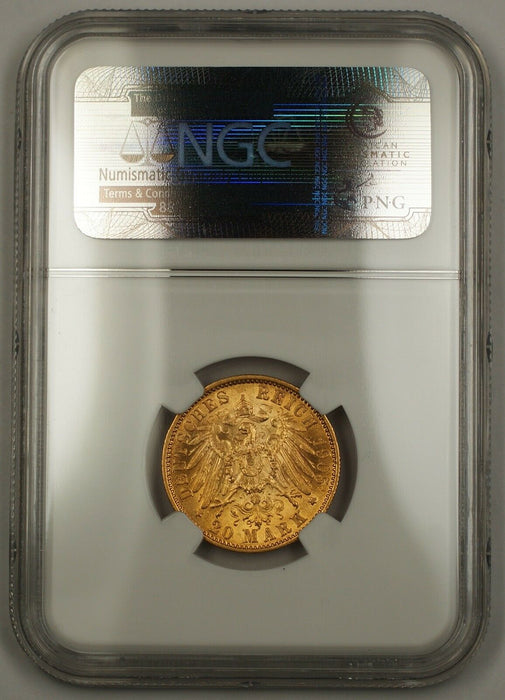 1905-F Germany Gold 20m Coin Wurttemberg NGC UNC Details OBV Scratch (Choice) SG